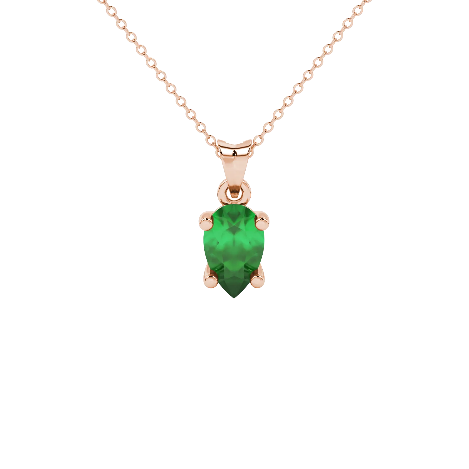 Pear shape emerald green gemstone pendant, rose gold classic basket setting.