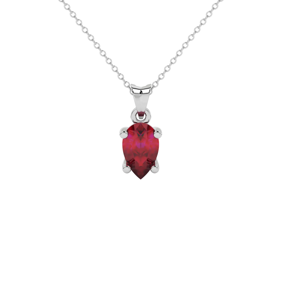 Pear shape raspberry red gemstone pendant, white gold classic basket setting.