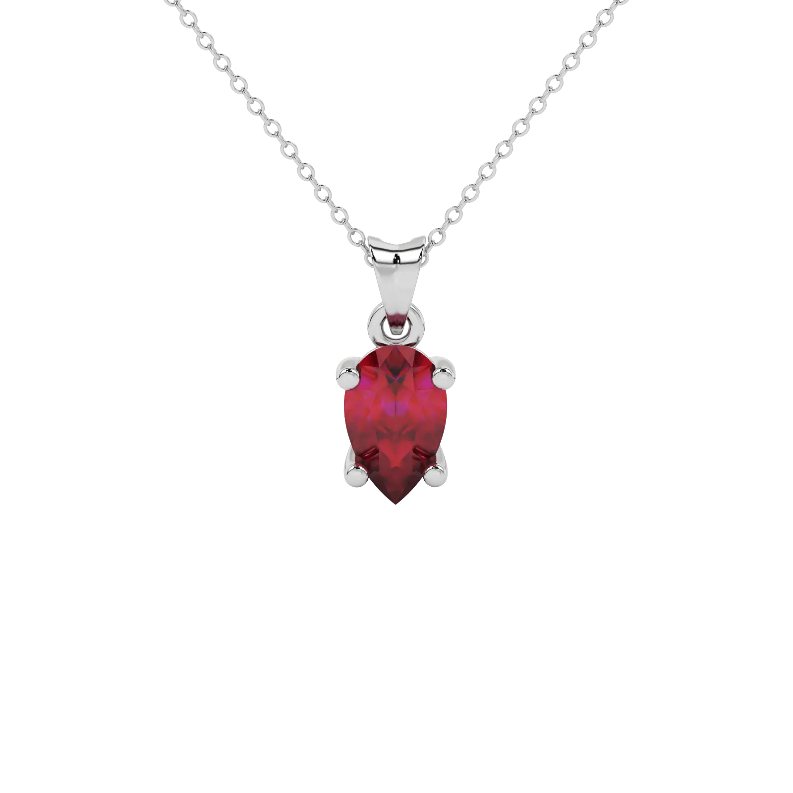 Pear shape raspberry red gemstone pendant, white gold classic basket setting.