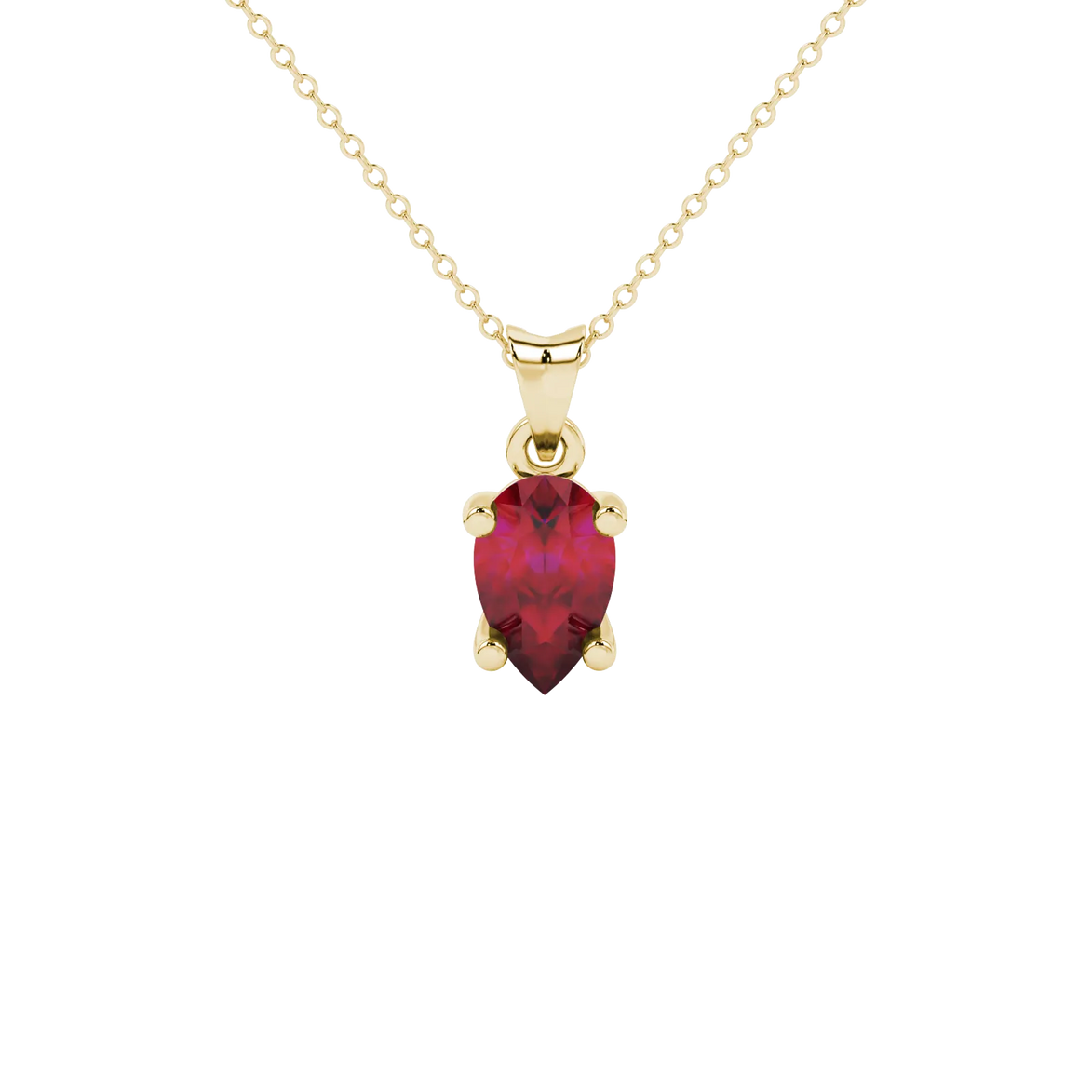 Pear shape raspberry red gemstone pendant, yellow gold classic basket setting.