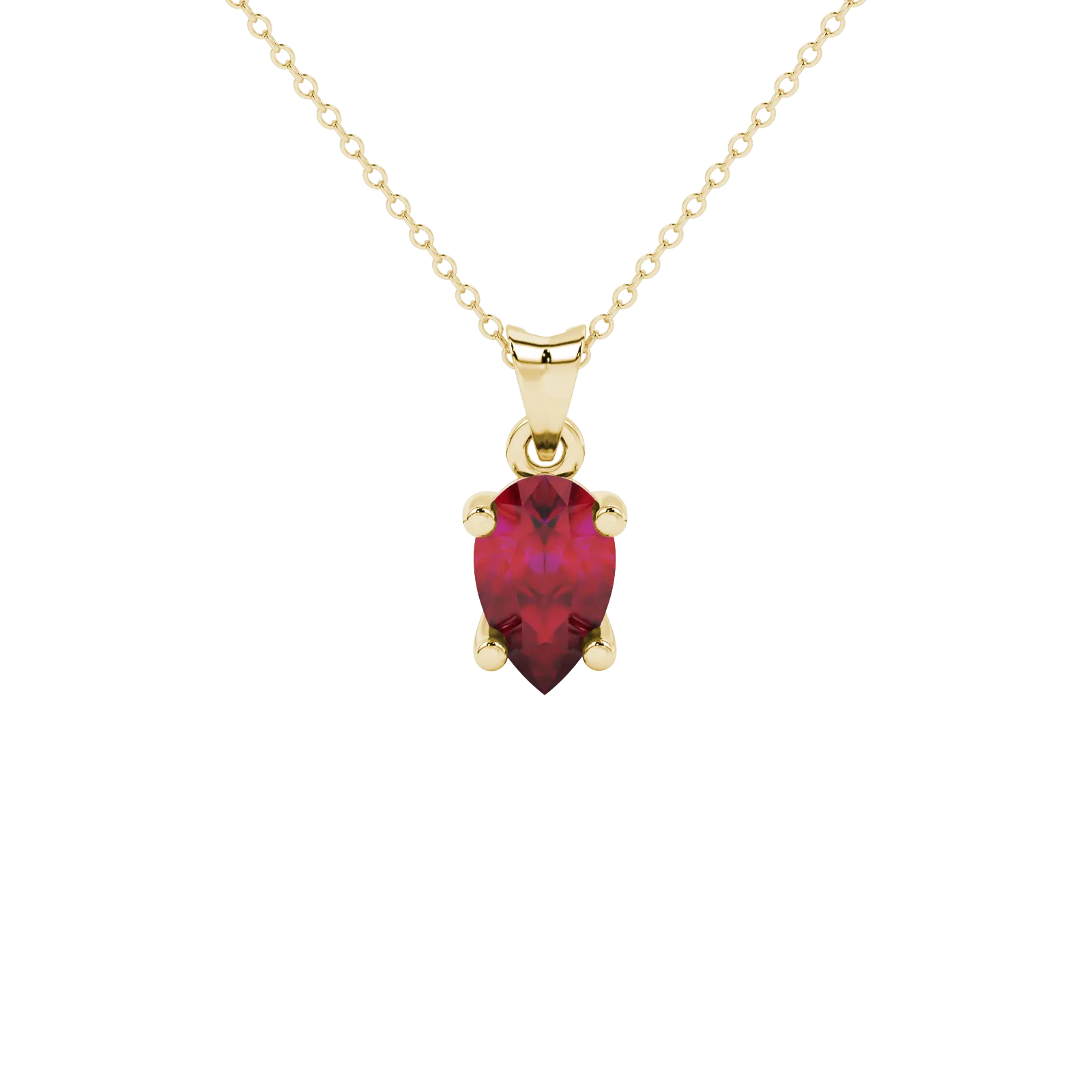 Pear shape raspberry red gemstone pendant, yellow gold classic basket setting.