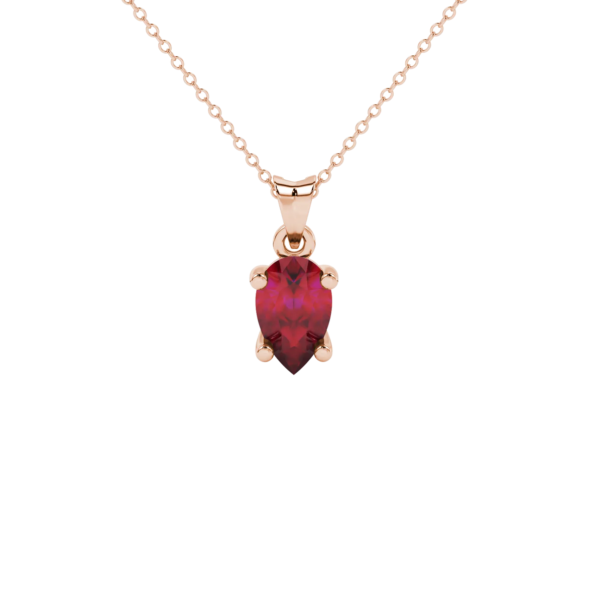 Pear shape raspberry red gemstone pendant, rose gold classic basket setting.