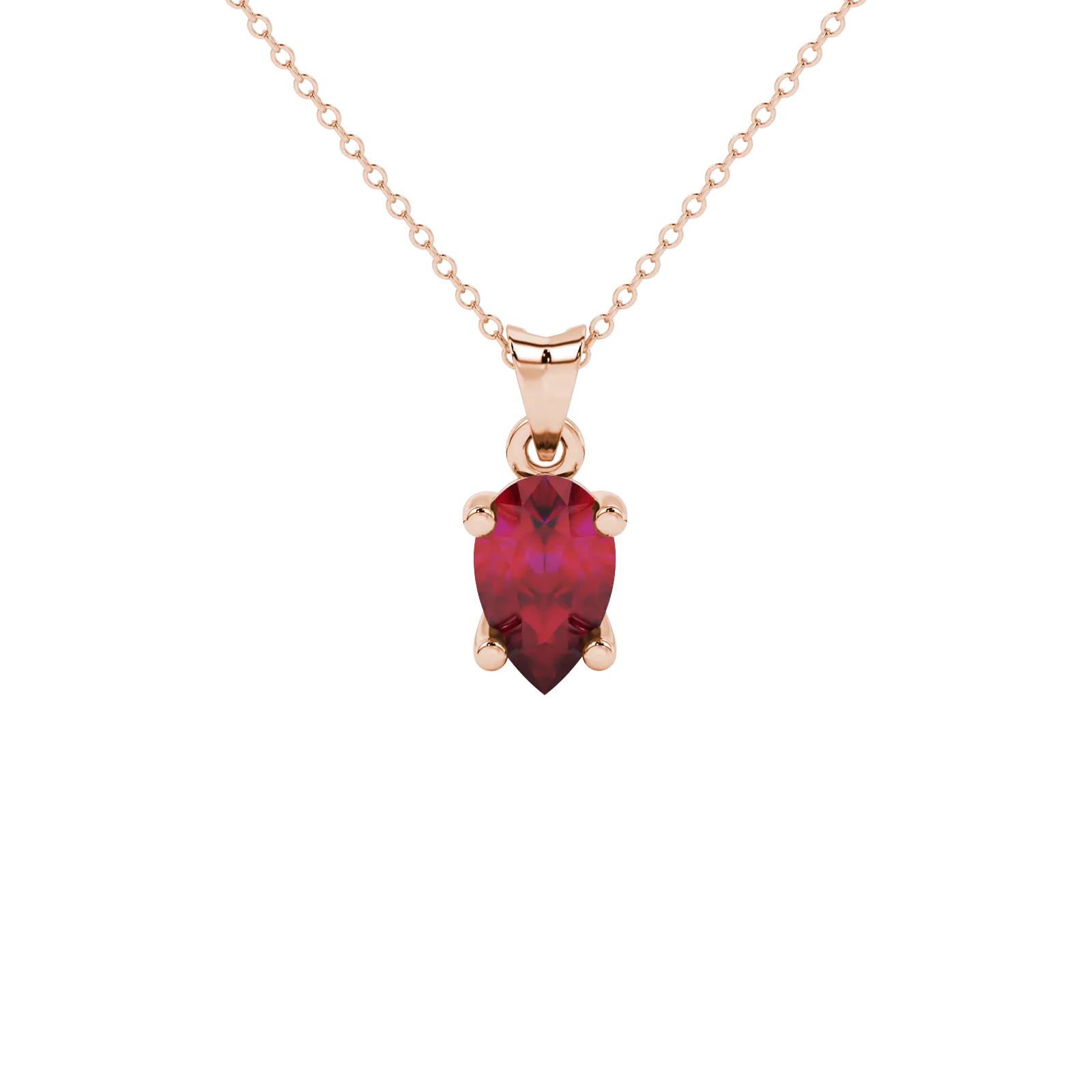 Pear shape raspberry red gemstone pendant, rose gold classic basket setting.