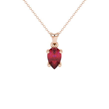 Pear shape raspberry red gemstone pendant, rose gold classic basket setting.