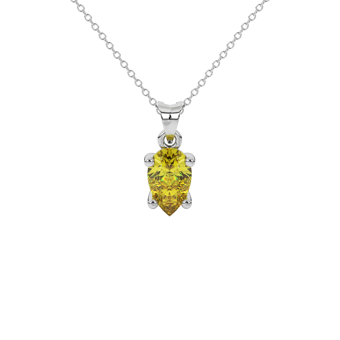Pear shape canary yellow gemstone pendant, white gold classic basket setting.