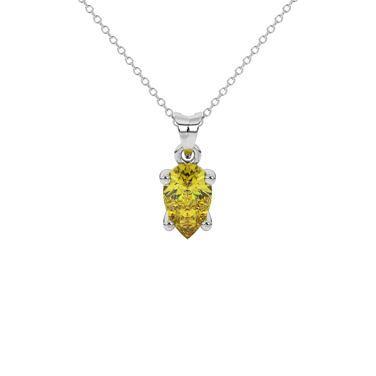 Pear shape canary yellow gemstone pendant, white gold classic basket setting.