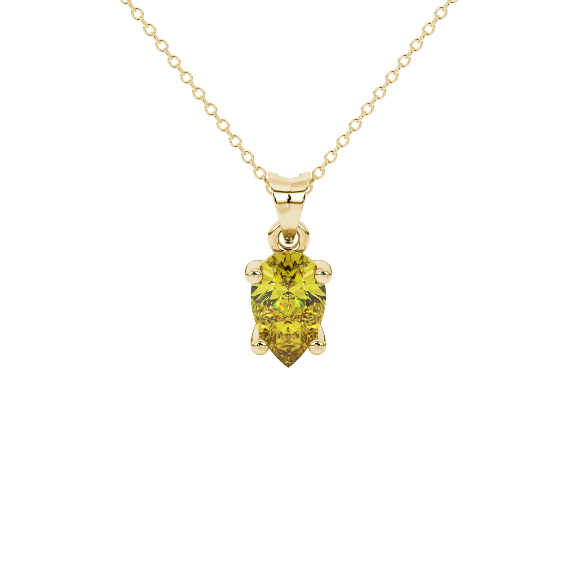 Pear shape canary yellow gemstone pendant, yellow gold classic basket setting.