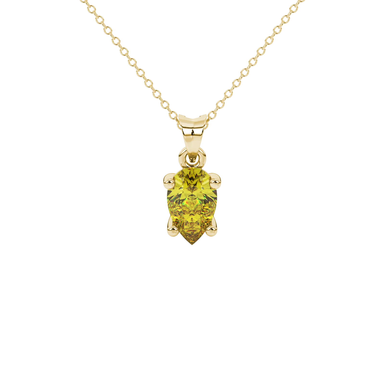 Pear shape canary yellow gemstone pendant, yellow gold classic basket setting.