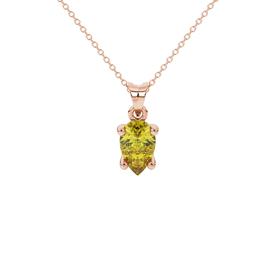 Pear shape canary yellow gemstone pendant, rose gold classic basket setting.