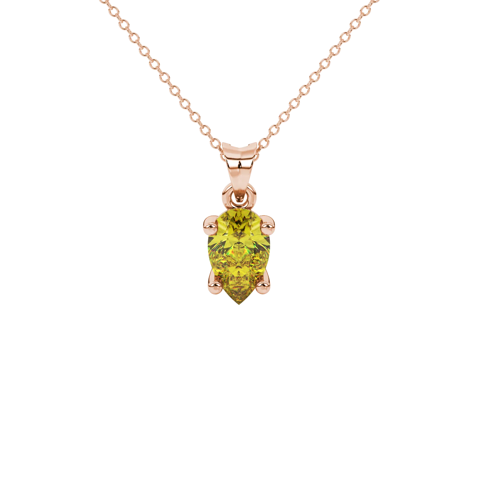 Pear shape canary yellow gemstone pendant, rose gold classic basket setting.
