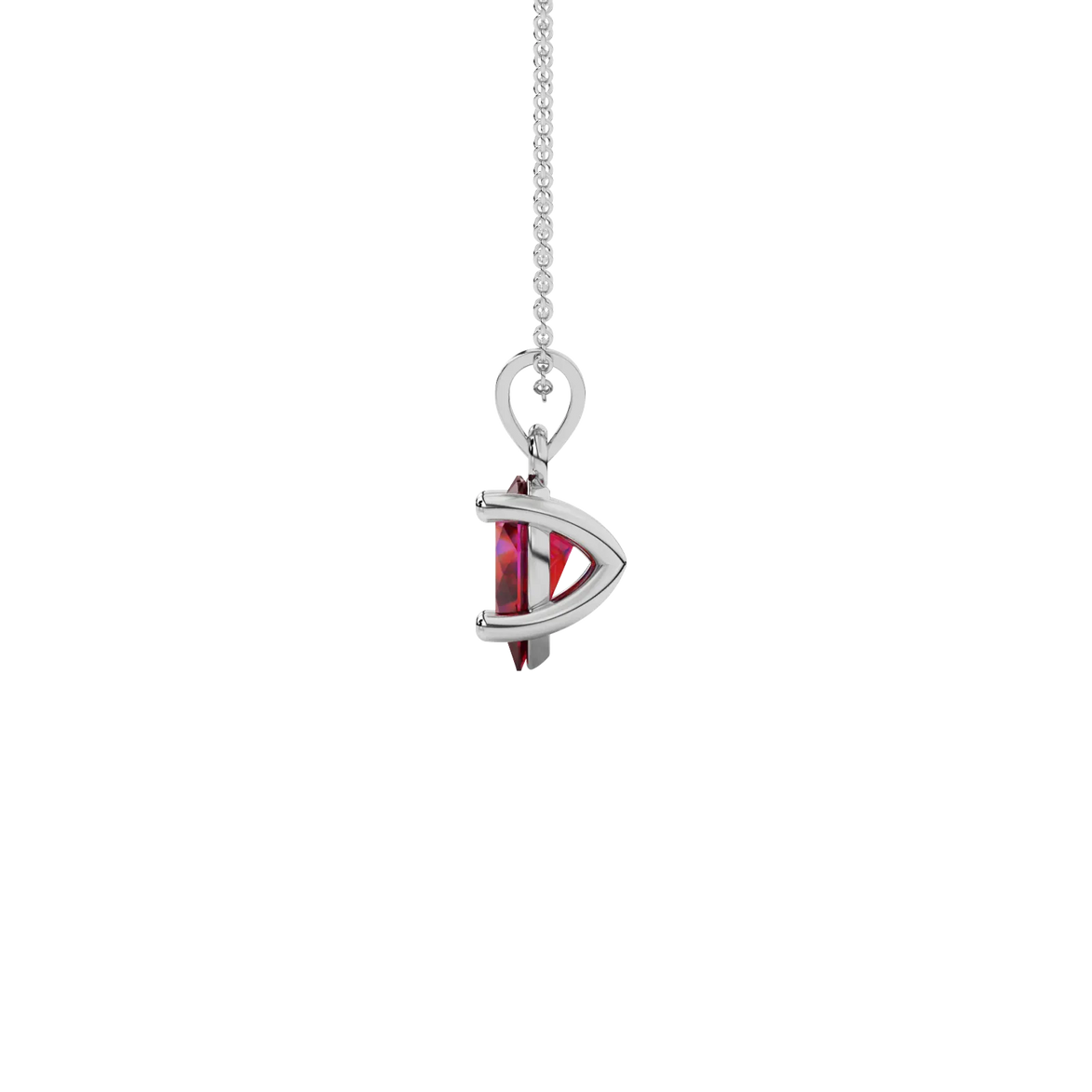 Side profile, white gold raspberry red pendant, classic basket gallery.