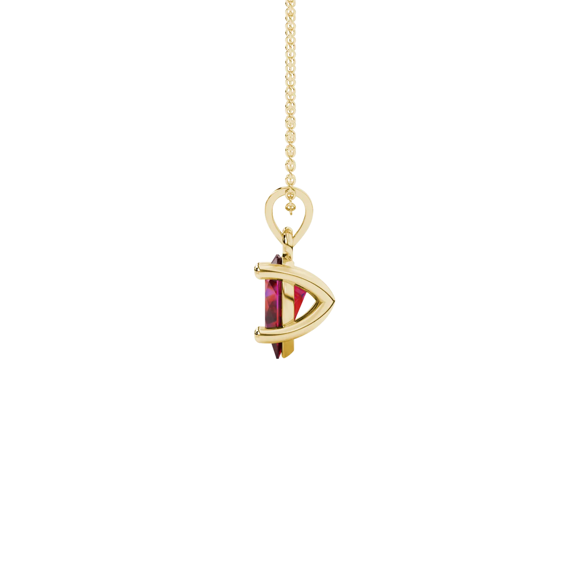 Close-up, pear shape raspberry red gemstone, yellow gold classic basket pendant.