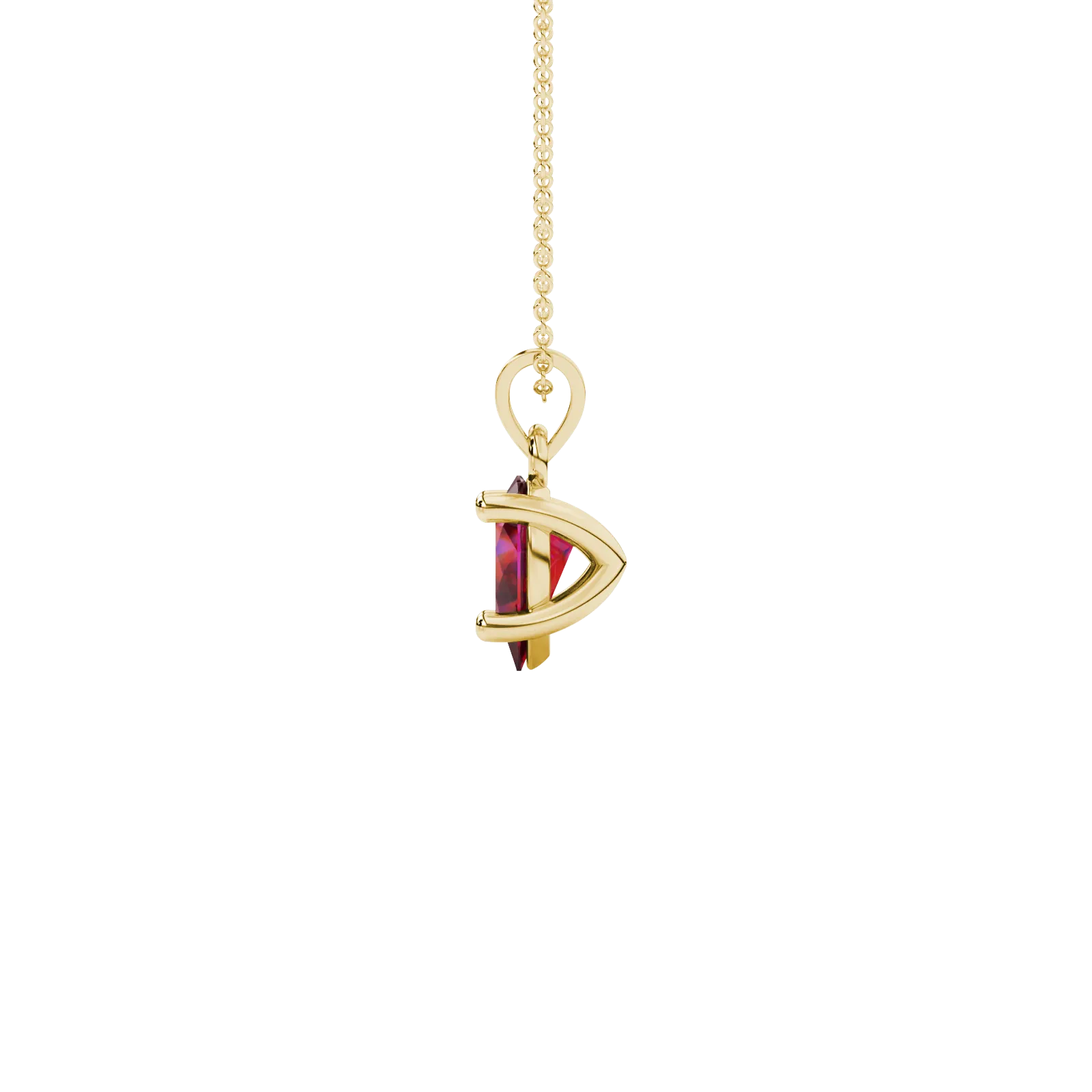 Close-up, pear shape raspberry red gemstone, yellow gold classic basket pendant.