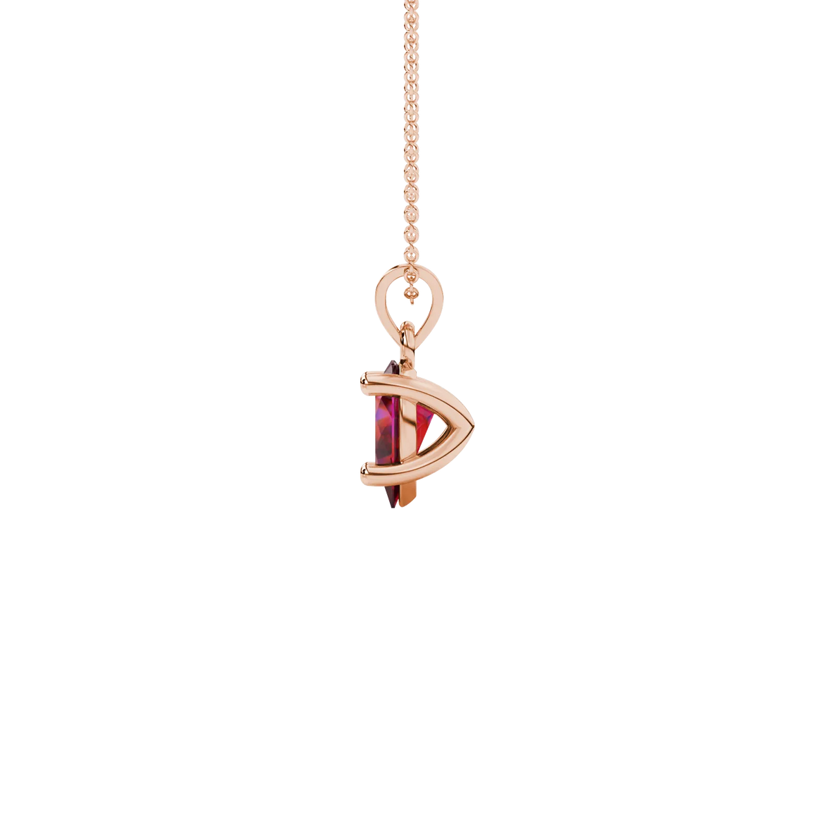 Side profile, rose gold raspberry red pendant, classic basket gallery.