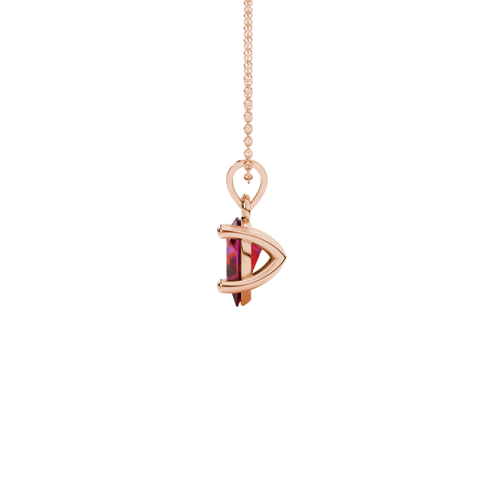 Side profile, rose gold raspberry red pendant, classic basket gallery.