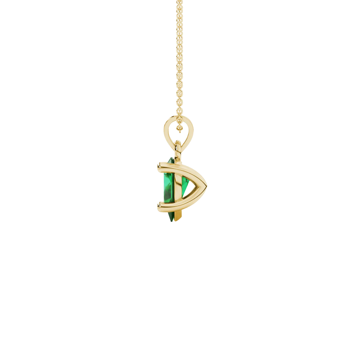 Side profile, yellow gold emerald green pendant, classic basket gallery.