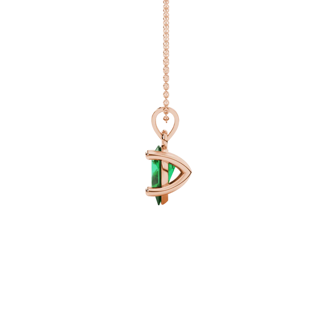 Side profile, rose gold emerald green pendant, classic basket gallery.