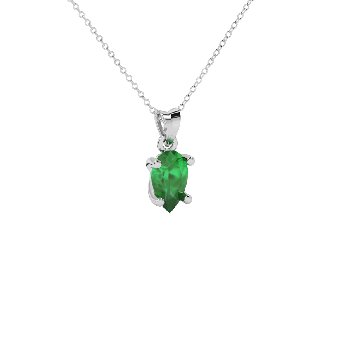 Close-up emerald green gemstone, white gold classic basket.