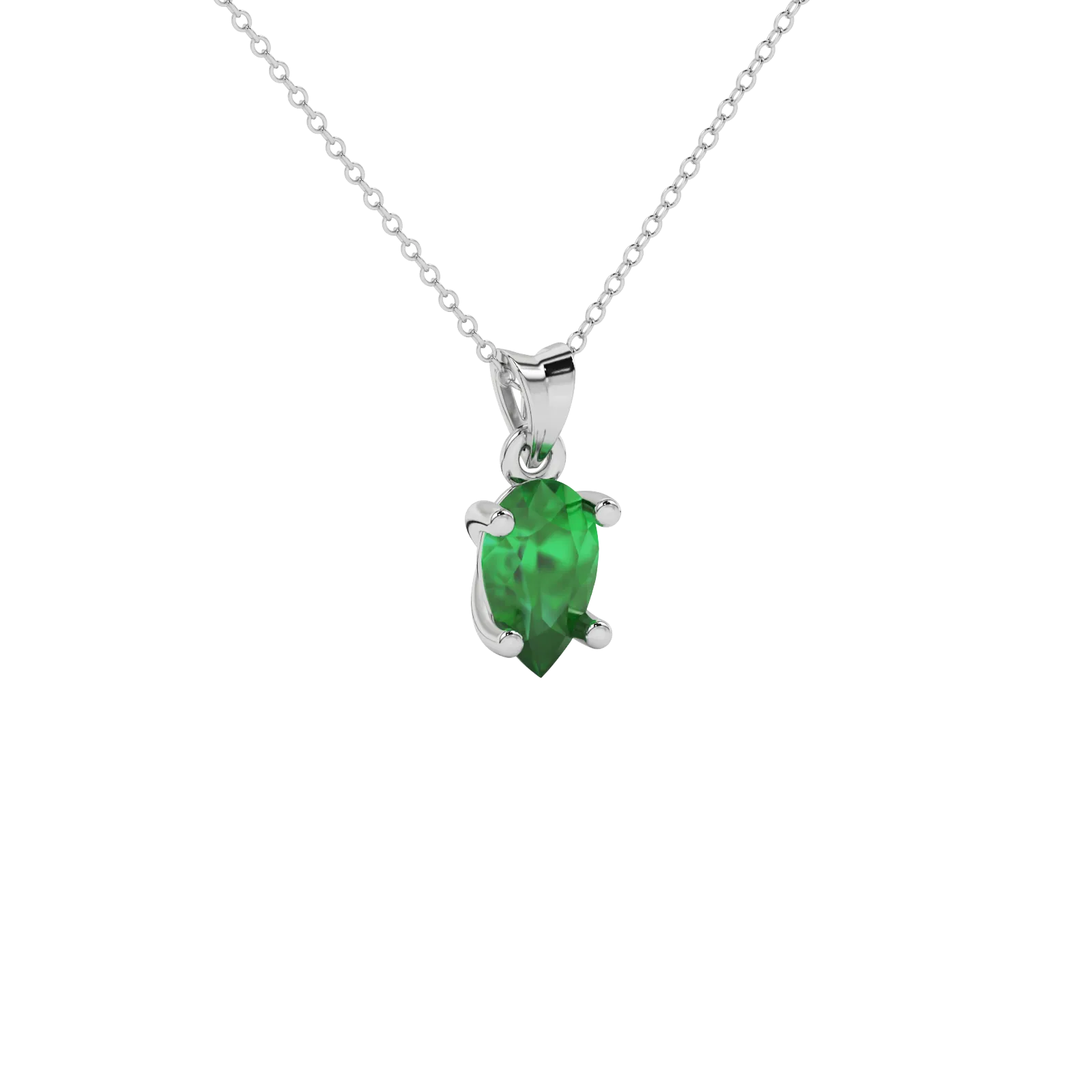 Close-up emerald green gemstone, white gold classic basket.