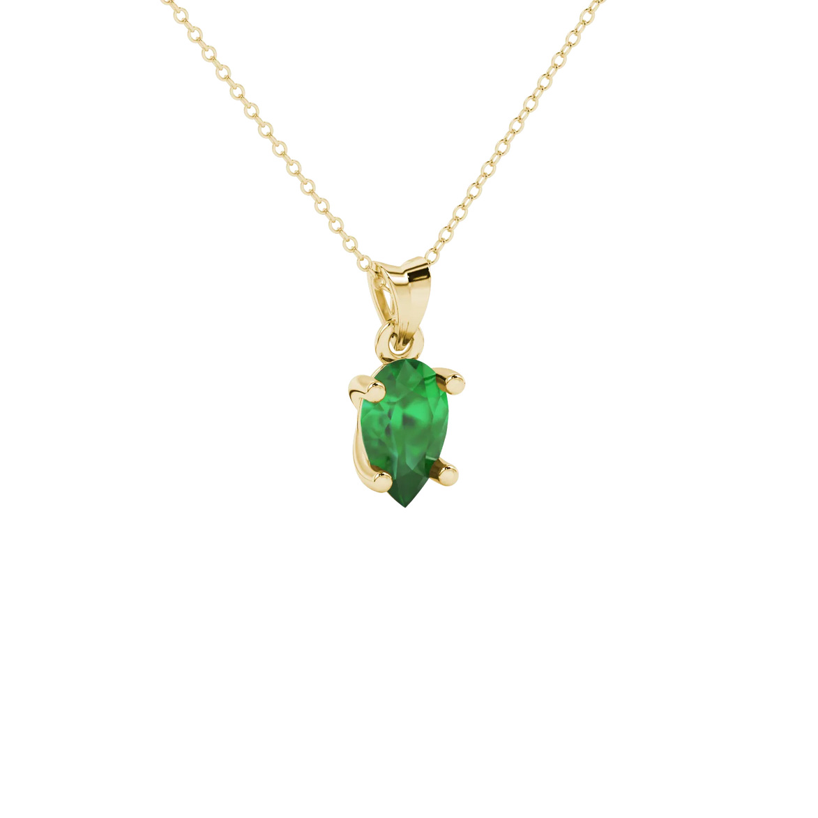 Close-up, pear shape emerald green gemstone, yellow gold classic basket pendant.