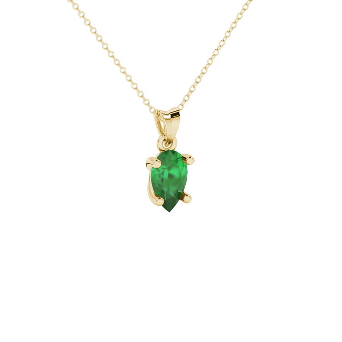 Close-up, pear shape emerald green gemstone, yellow gold classic basket pendant.