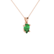 Close-up, pear shape emerald green gemstone pendant, rose gold classic basket.