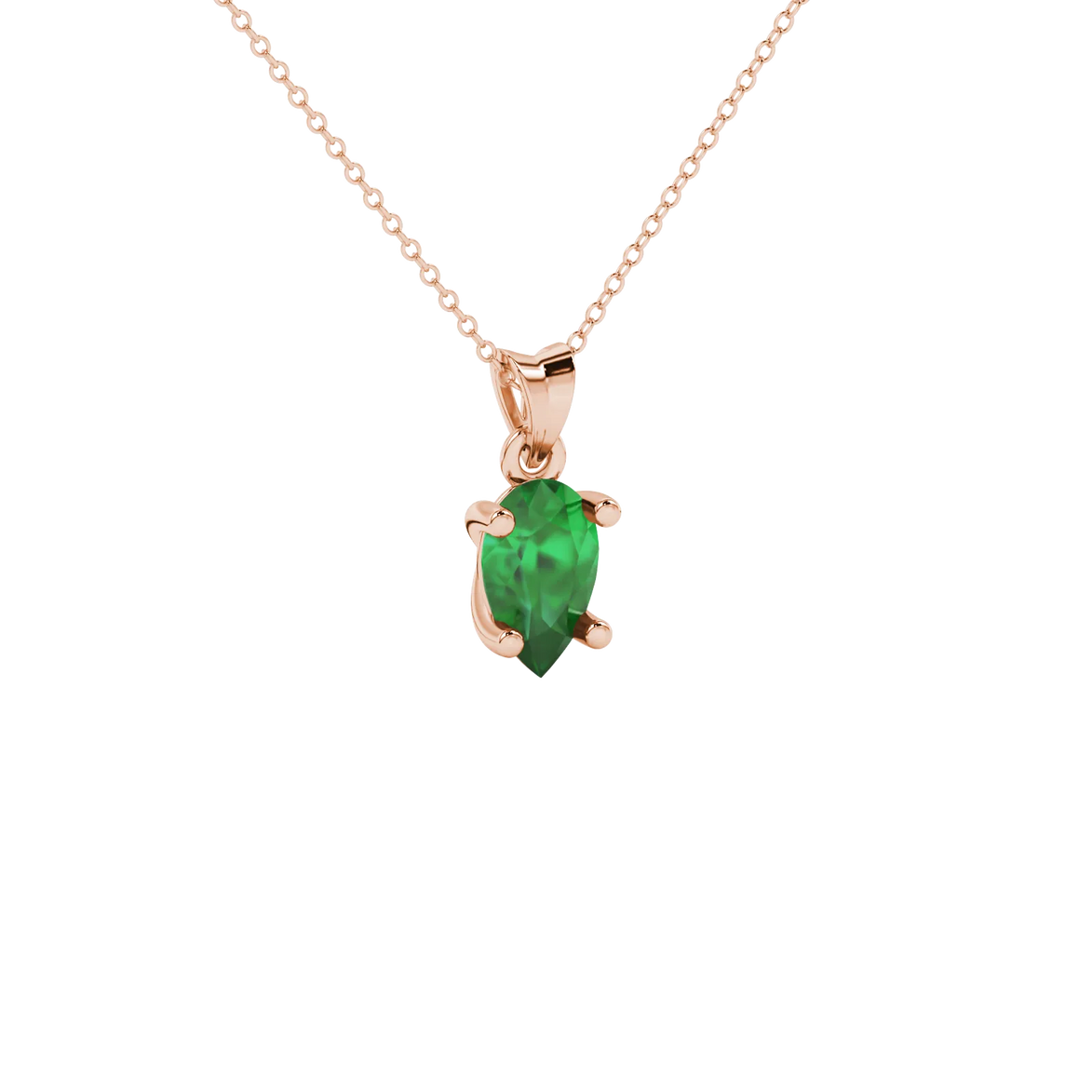 Close-up, pear shape emerald green gemstone pendant, rose gold classic basket.