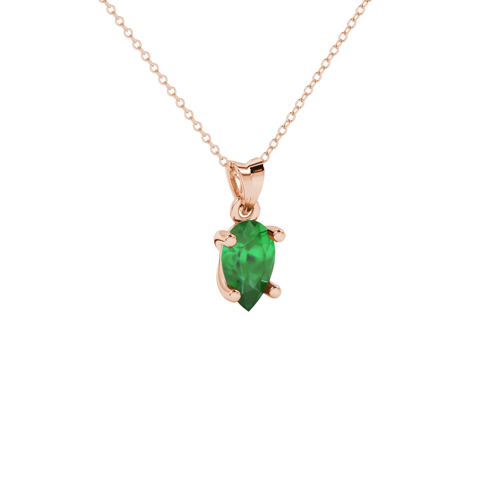 Close-up, pear shape emerald green gemstone pendant, rose gold classic basket.