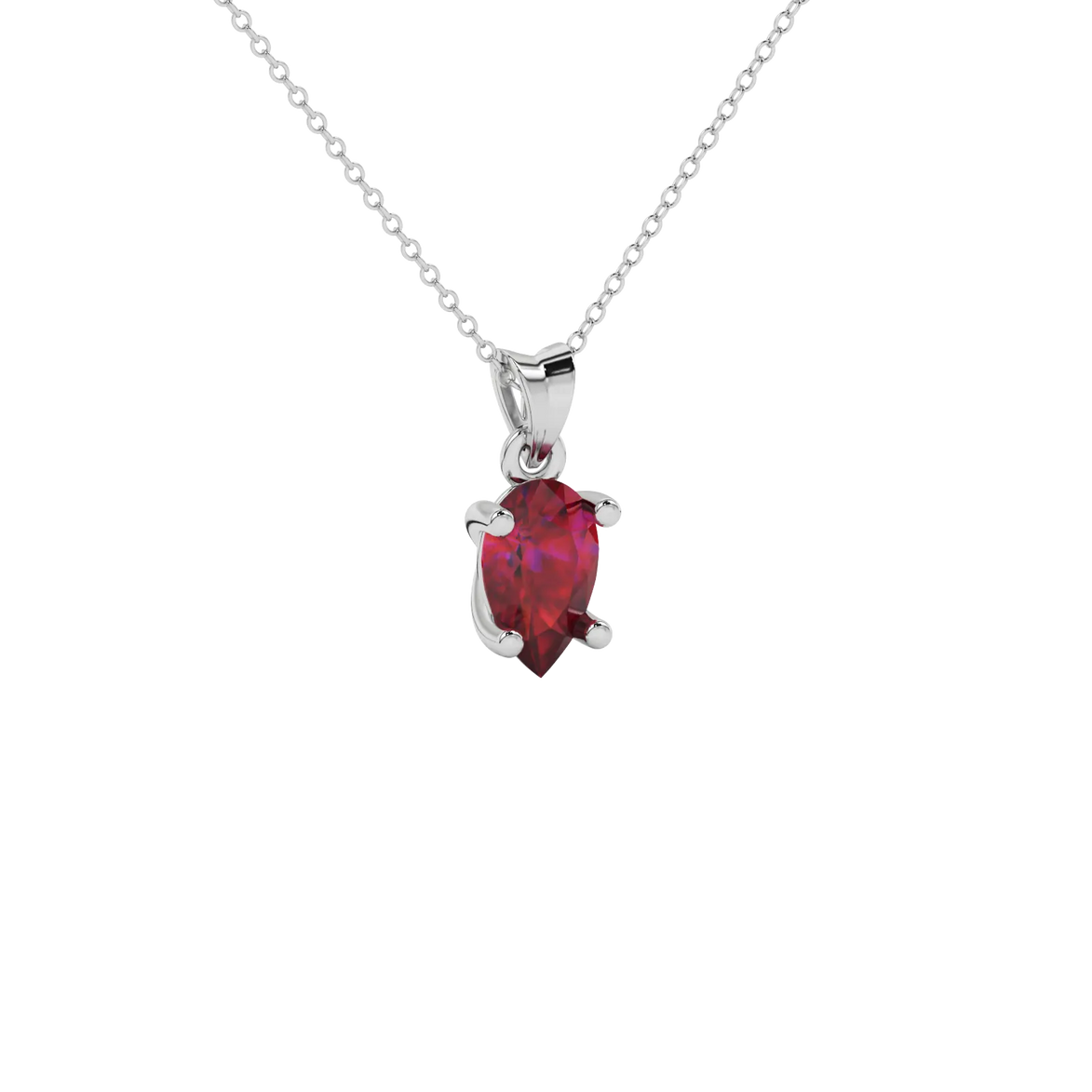 Close-up raspberry red gemstone, white gold classic basket.