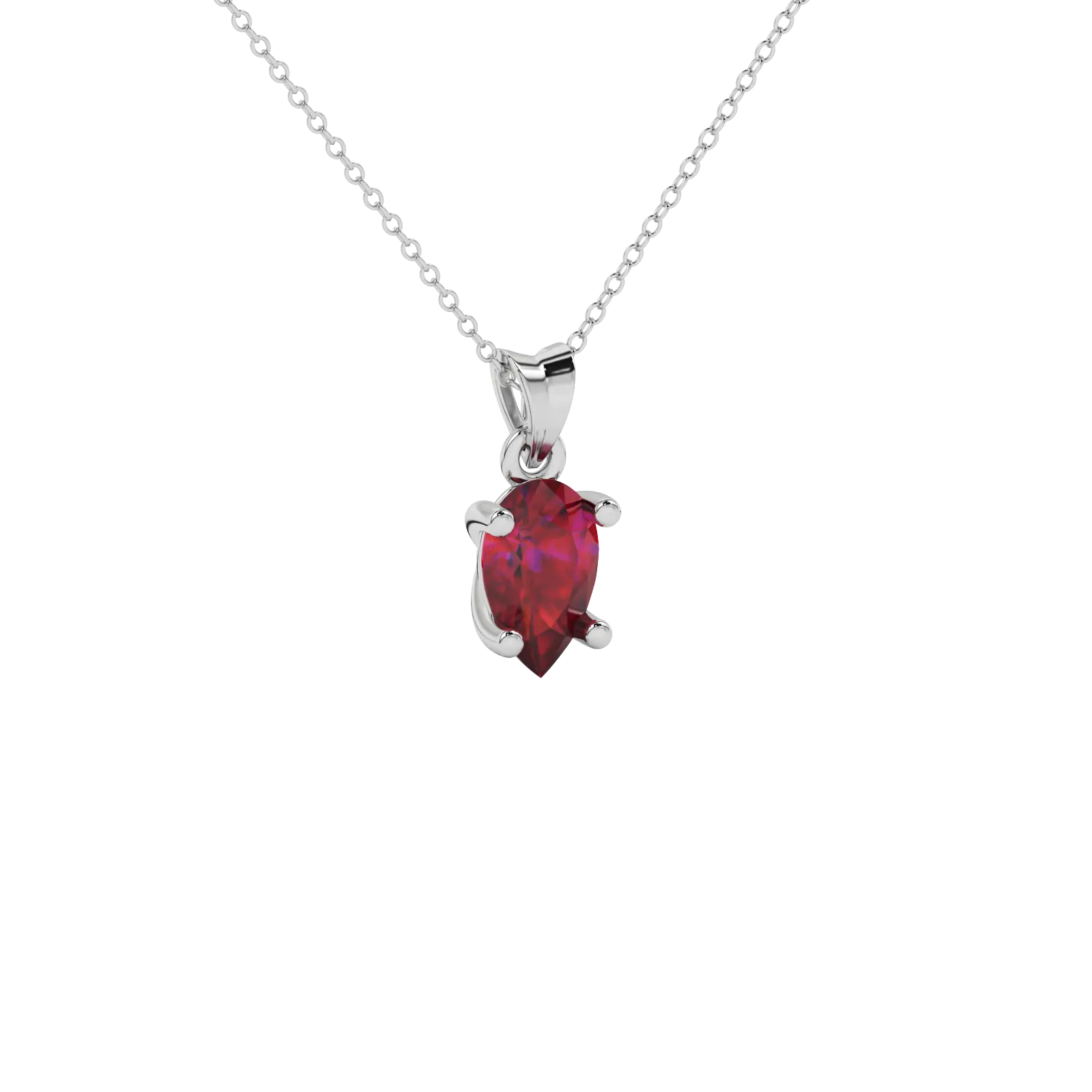 Close-up raspberry red gemstone, white gold classic basket.