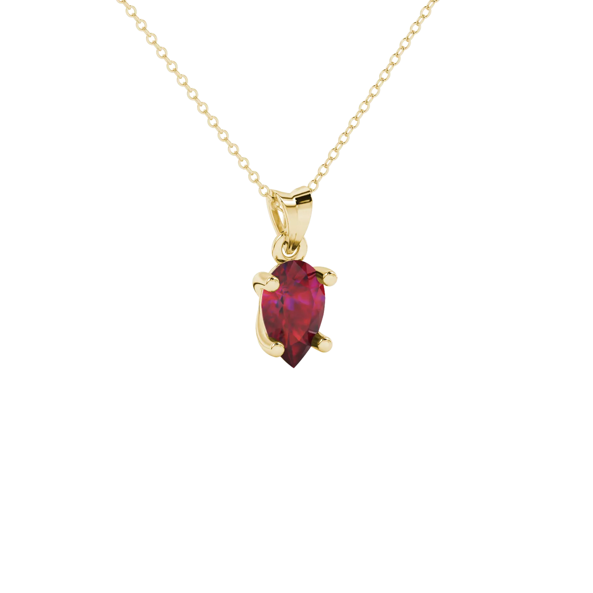 Side profile, yellow gold raspberry red pendant, classic basket gallery.