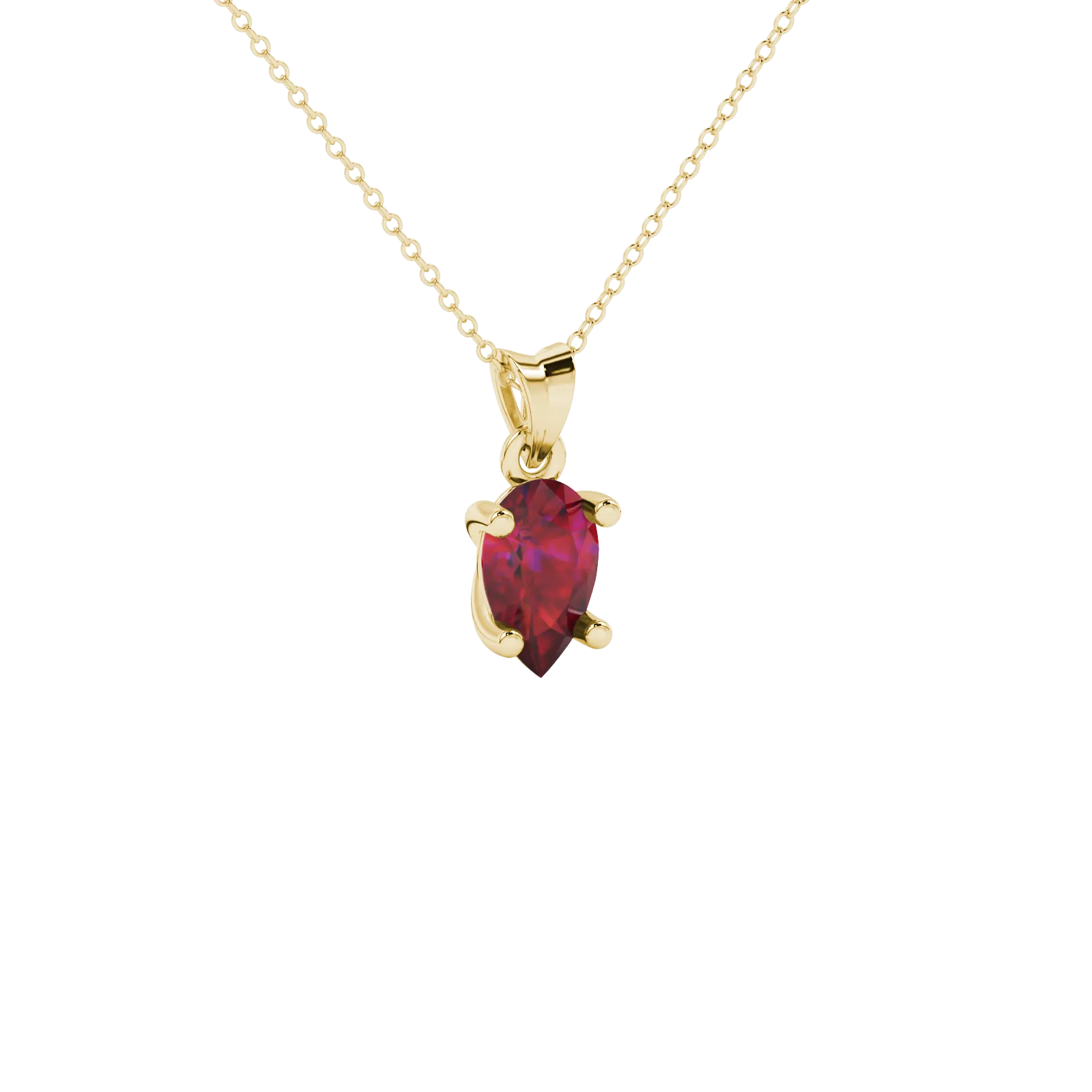 Side profile, yellow gold raspberry red pendant, classic basket gallery.