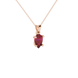Close-up, pear shape raspberry red gemstone pendant, rose gold classic basket.