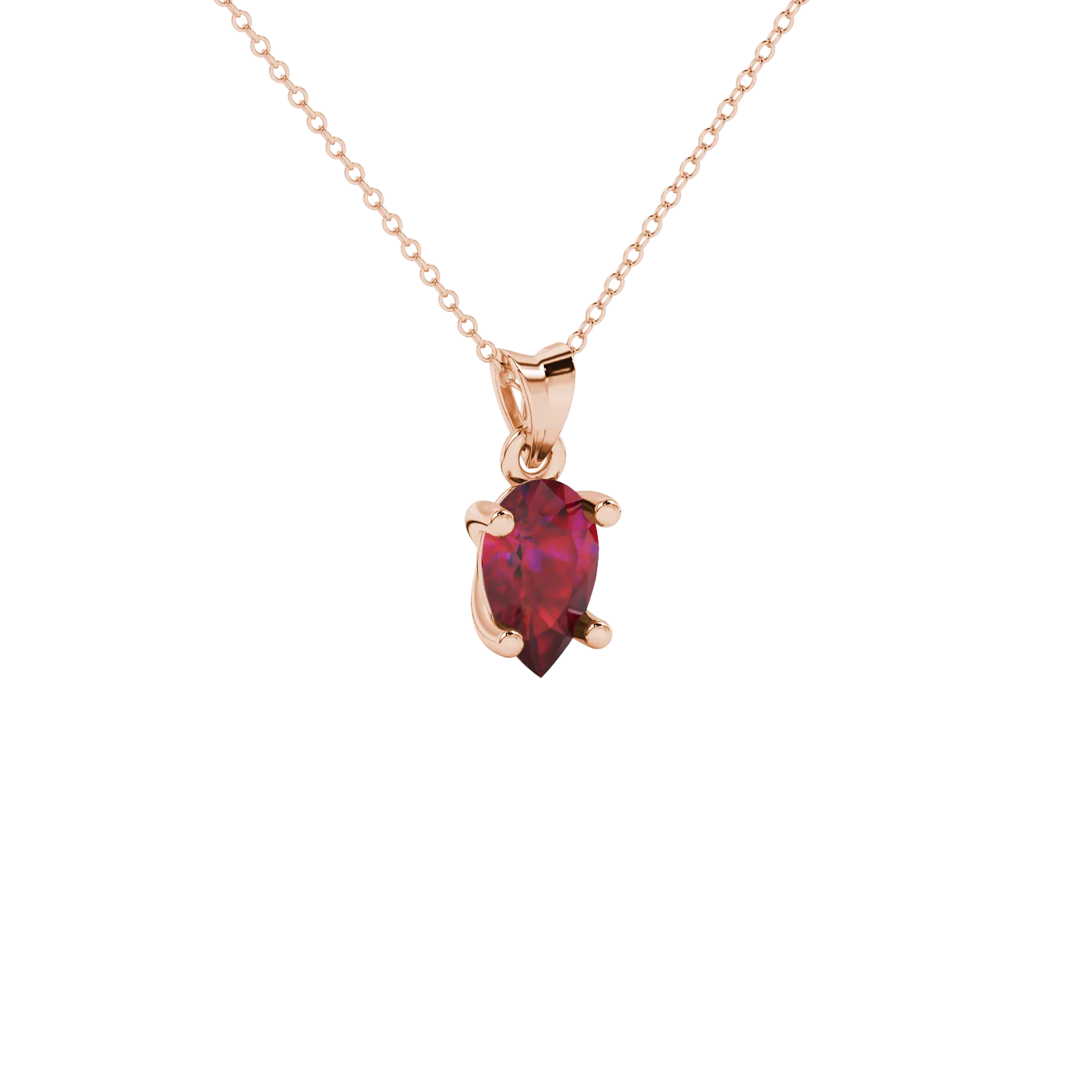 Close-up, pear shape raspberry red gemstone pendant, rose gold classic basket.
