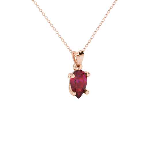 Close-up, pear shape raspberry red gemstone pendant, rose gold classic basket.