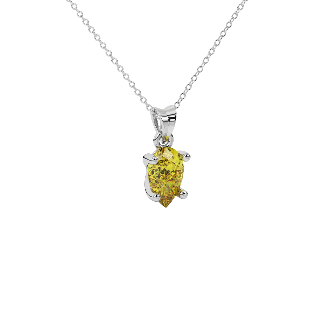 Close-up canary yellow gemstone, white gold classic basket.