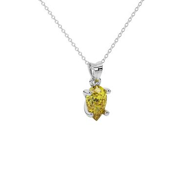 Close-up canary yellow gemstone, white gold classic basket.