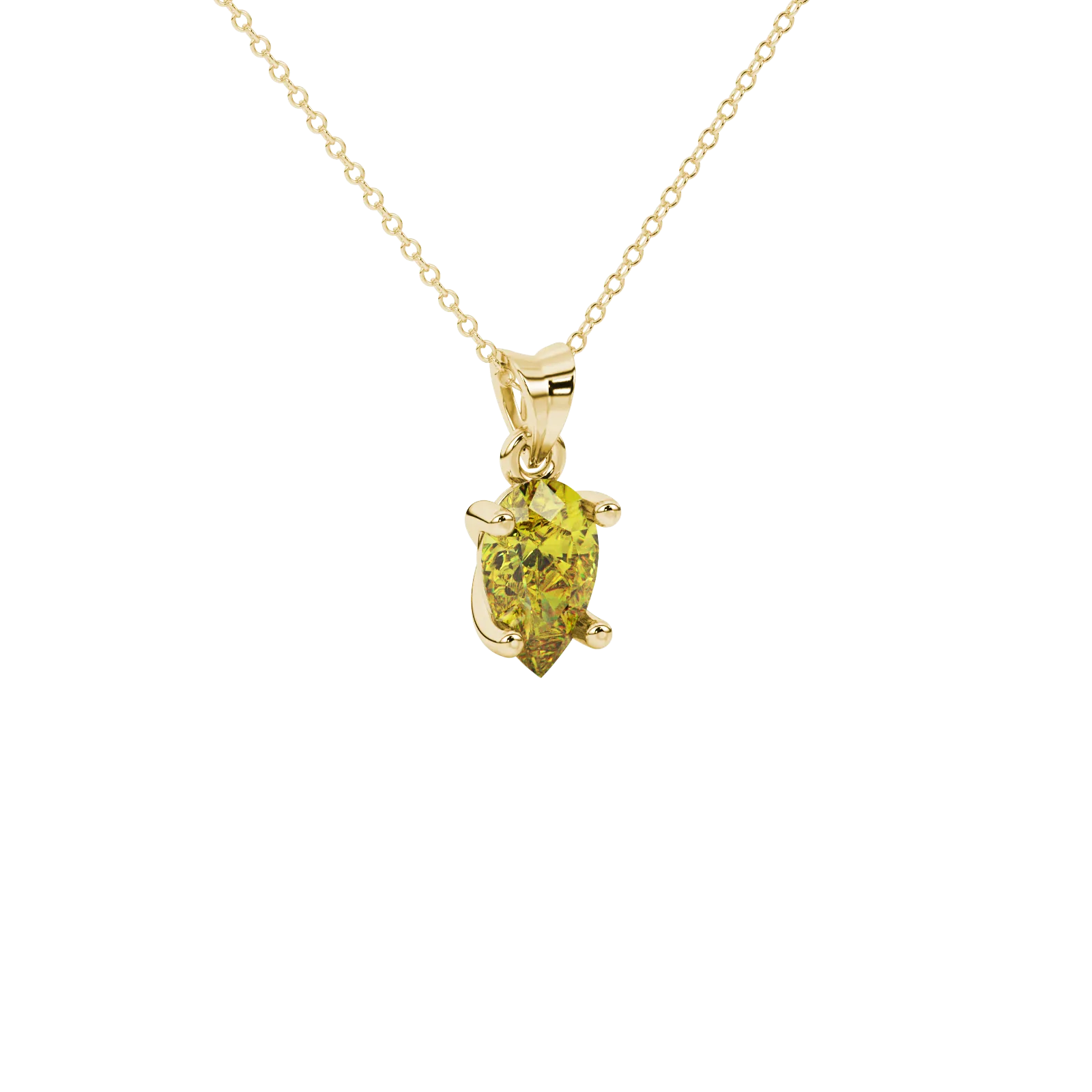 Close-up, pear shape canary yellow gemstone, yellow gold classic basket pendant.