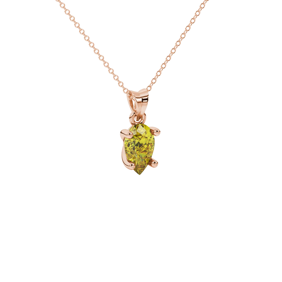 Close-up, pear shape canary yellow gemstone pendant, rose gold classic basket.