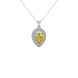 Pear shape canary yellow gemstone pendant, white gold falling edge halo setting.