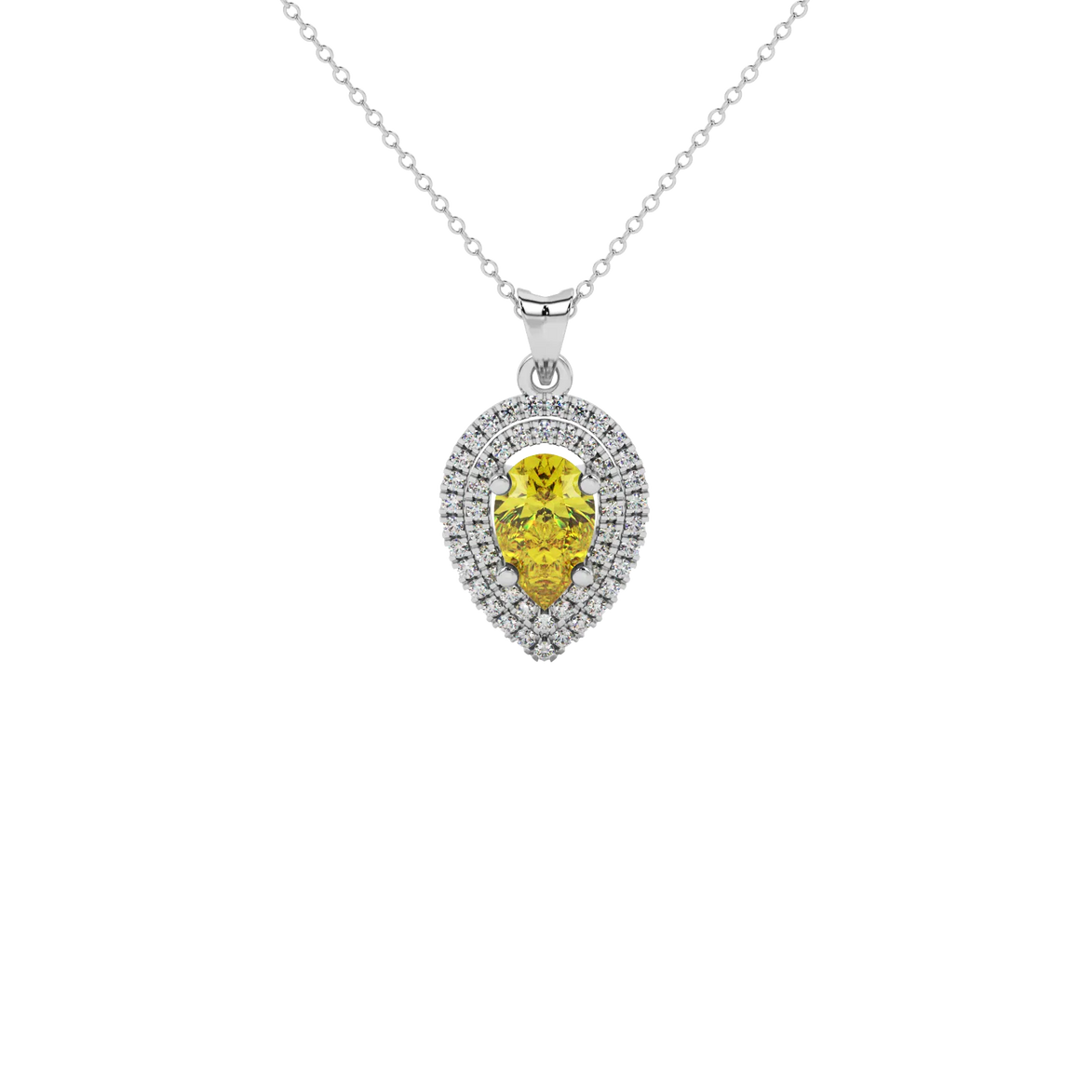 Pear shape canary yellow gemstone pendant, white gold falling edge halo setting.