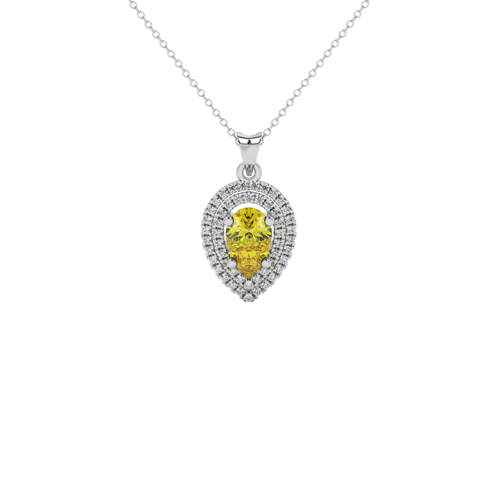 Pear shape canary yellow gemstone pendant, white gold falling edge halo setting.