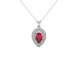 Pear shape raspberry red gemstone pendant, white gold falling edge halo setting.