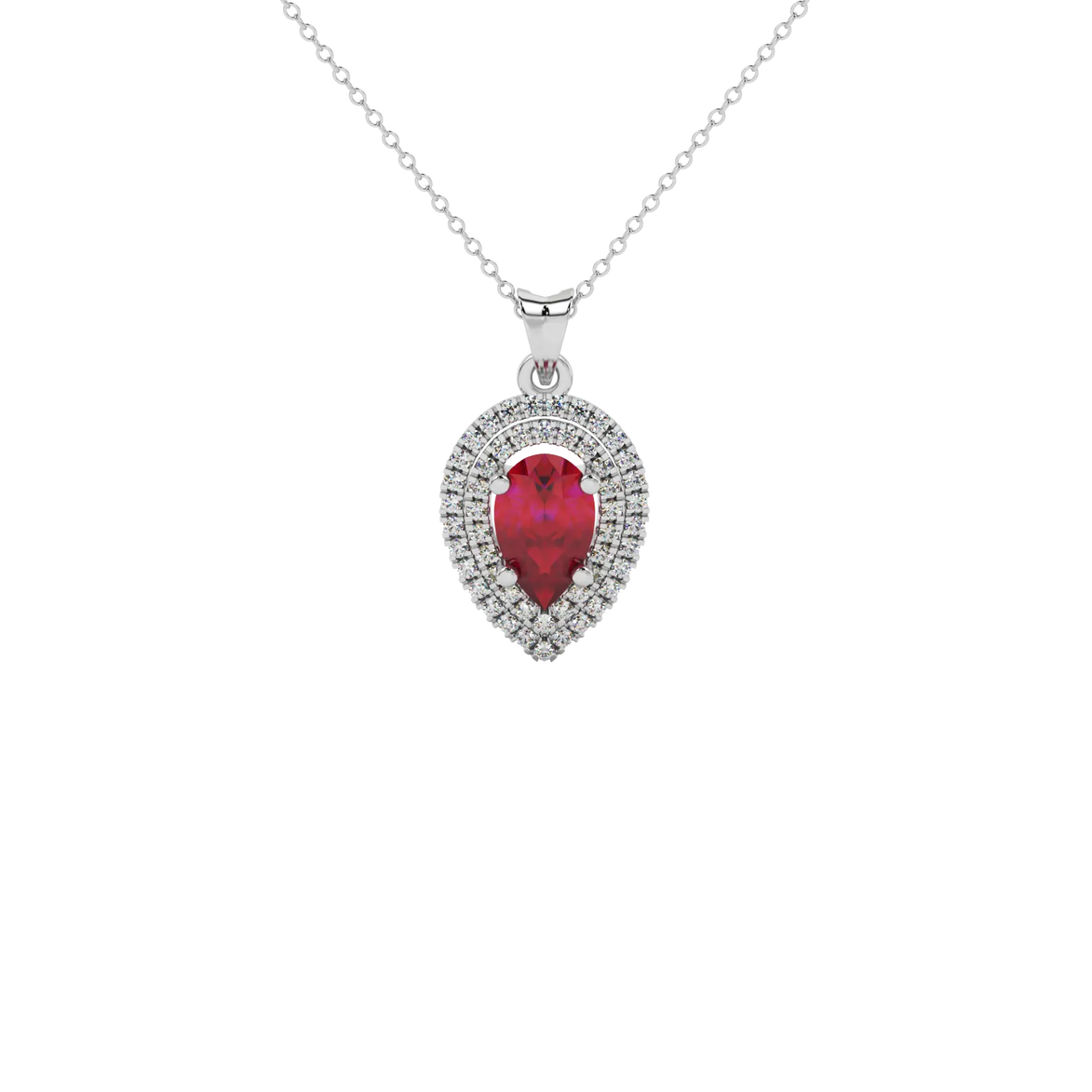 Pear shape raspberry red gemstone pendant, white gold falling edge halo setting.
