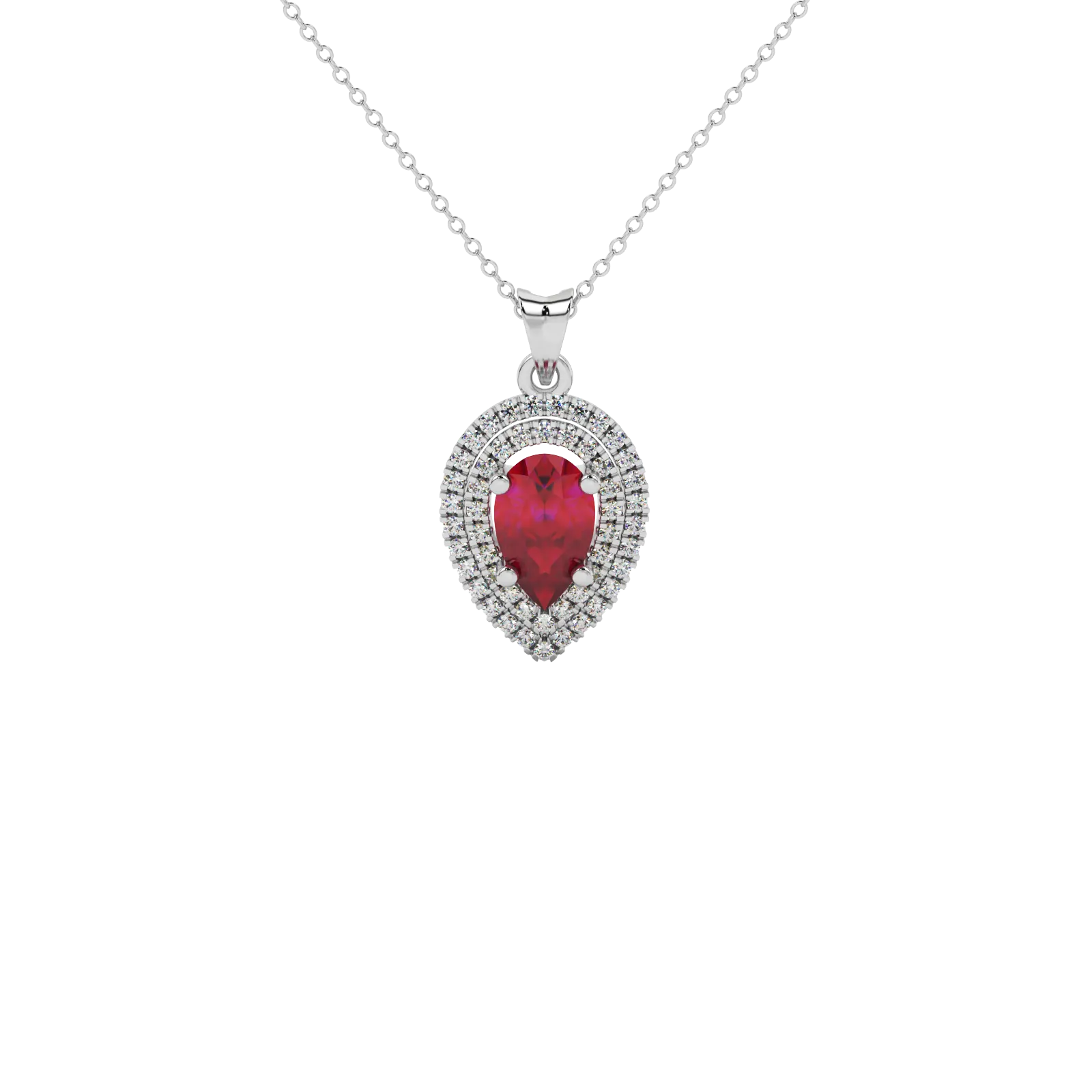 Pear shape raspberry red gemstone pendant, white gold falling edge halo setting.