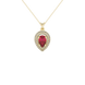 Pear shape raspberry red gemstone pendant, yellow gold falling edge halo setting.