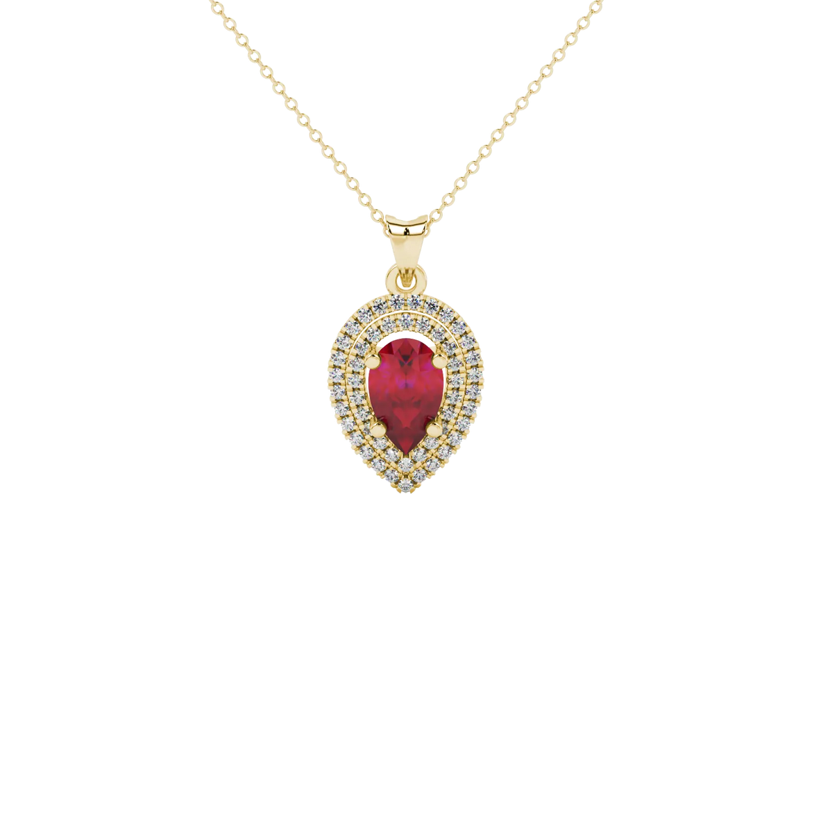 Pear shape raspberry red gemstone pendant, yellow gold falling edge halo setting.