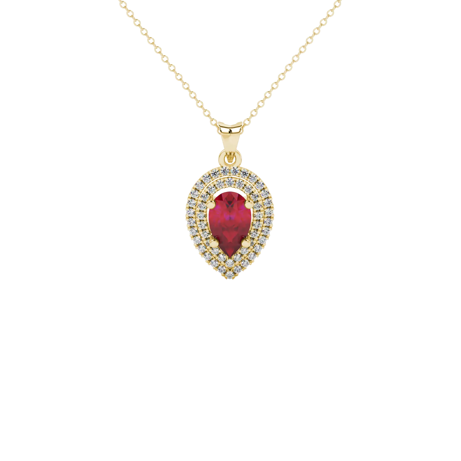 Pear shape raspberry red gemstone pendant, yellow gold falling edge halo setting.