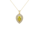 Pear shape canary yellow gemstone pendant, yellow gold falling edge halo setting.