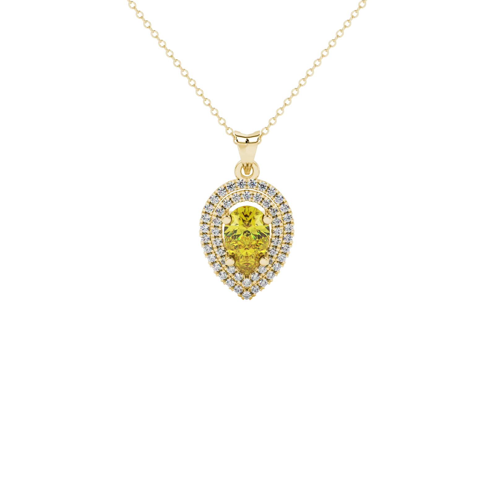 Pear shape canary yellow gemstone pendant, yellow gold falling edge halo setting.